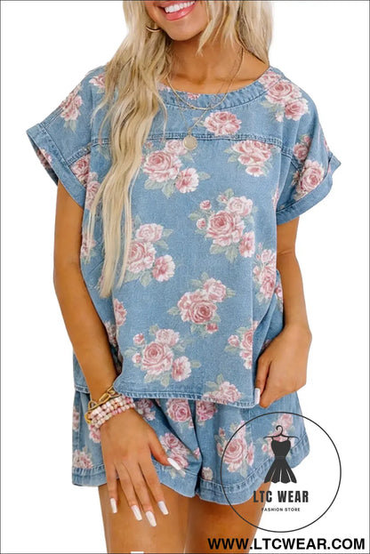 Sky blue floral denim short sleeve top loose shorts 2pcs set - short sets