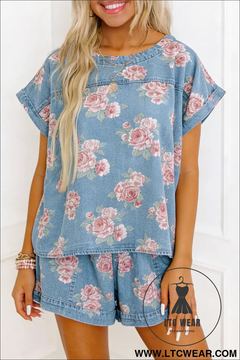 Sky blue floral denim short sleeve top loose shorts 2pcs set - short sets