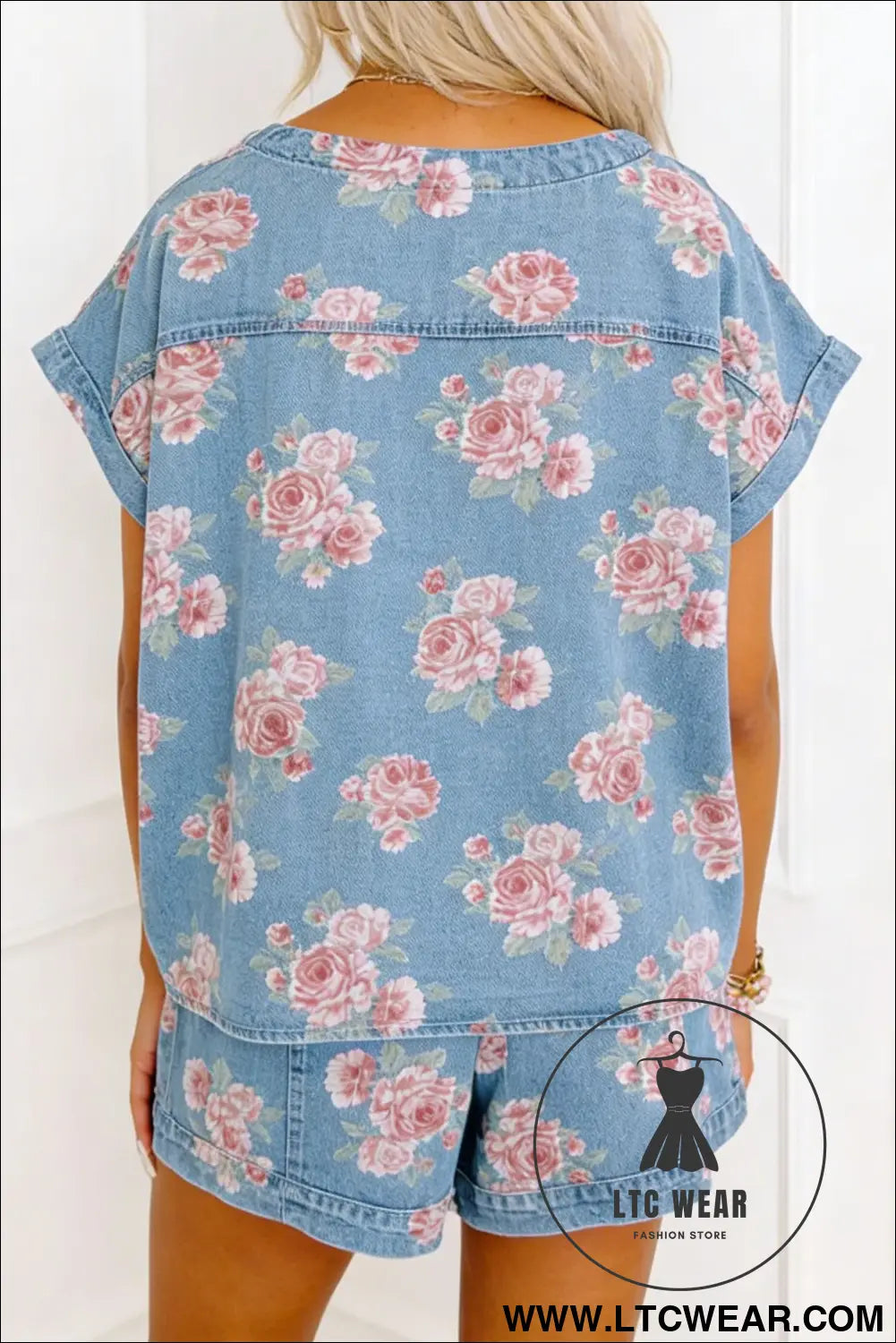 Sky blue floral denim short sleeve top loose shorts 2pcs set - short sets