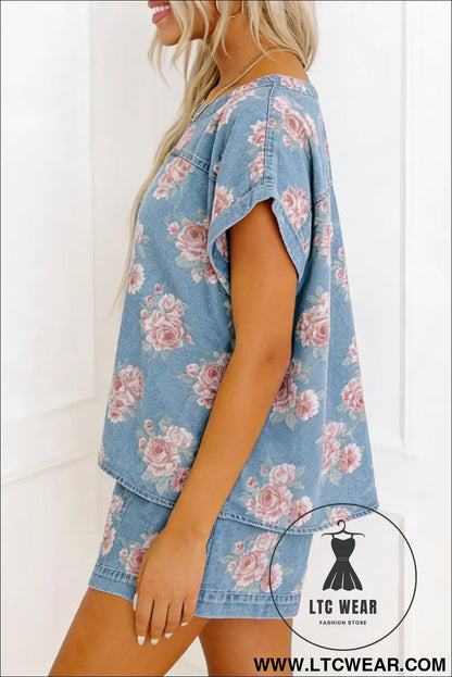 Sky blue floral denim short sleeve top loose shorts 2pcs set - short sets