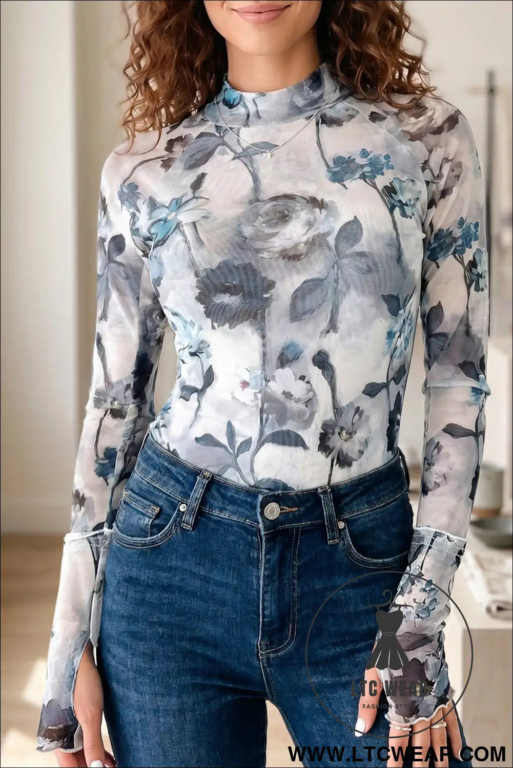 Sky blue floral mesh high neck long sleeve sheath top - sky blue / l / 95% polyester + 5% elastane - long sleeve tops