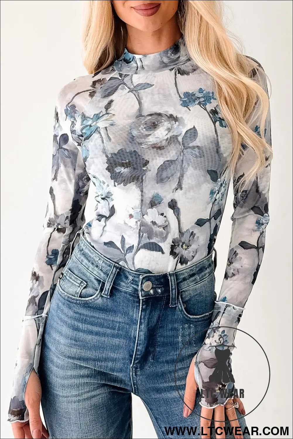 Sky blue floral mesh high neck long sleeve sheath top - long sleeve tops