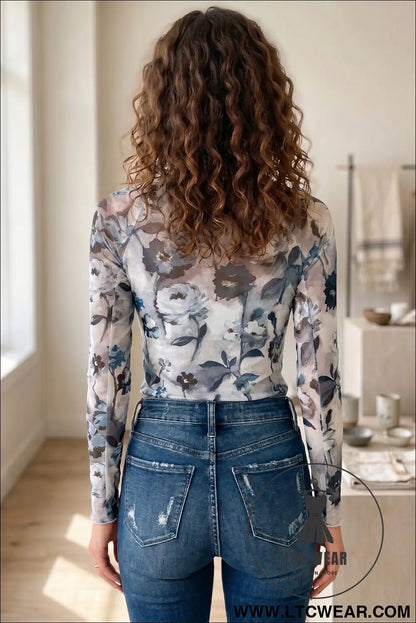 Sky blue floral mesh high neck long sleeve sheath top - long sleeve tops