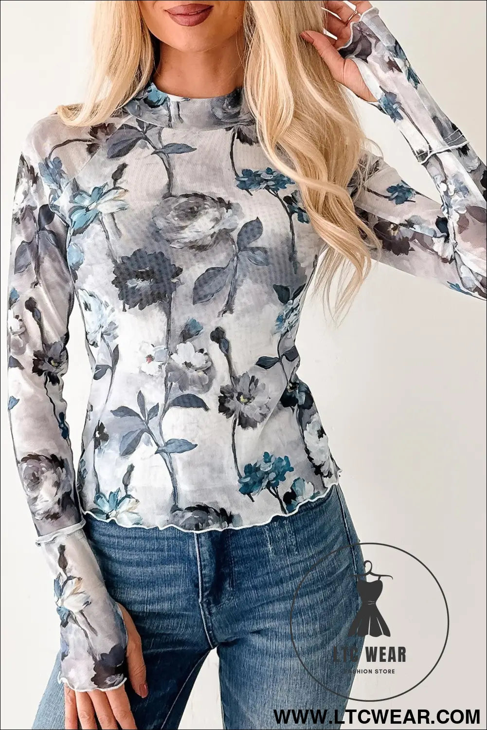 Sky blue floral mesh high neck long sleeve sheath top - long sleeve tops
