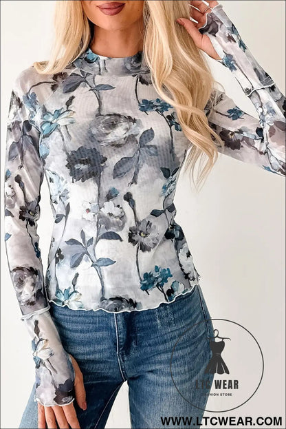 Sky blue floral mesh high neck long sleeve sheath top - long sleeve tops