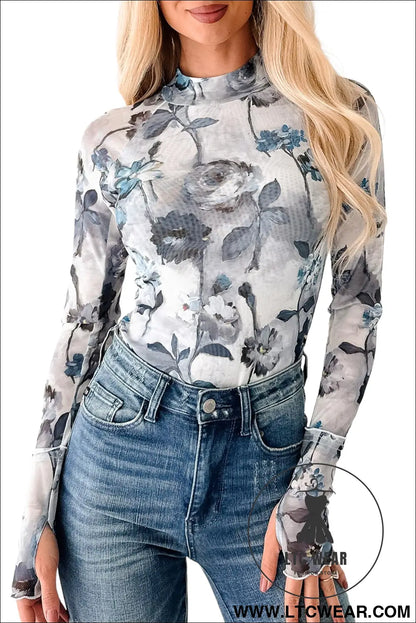 Sky blue floral mesh high neck long sleeve sheath top - long sleeve tops
