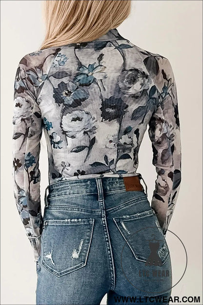 Sky blue floral mesh high neck long sleeve sheath top - long sleeve tops