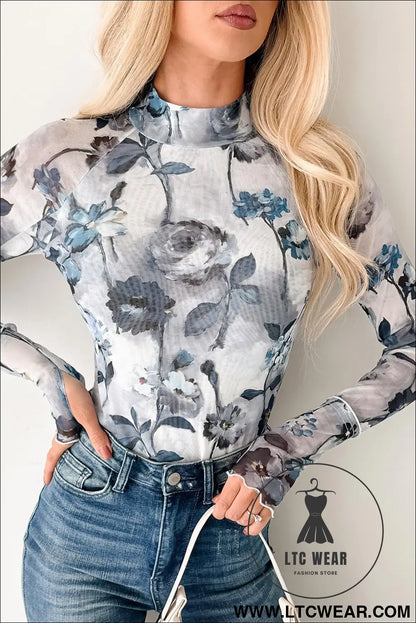 Sky blue floral mesh high neck long sleeve sheath top - long sleeve tops
