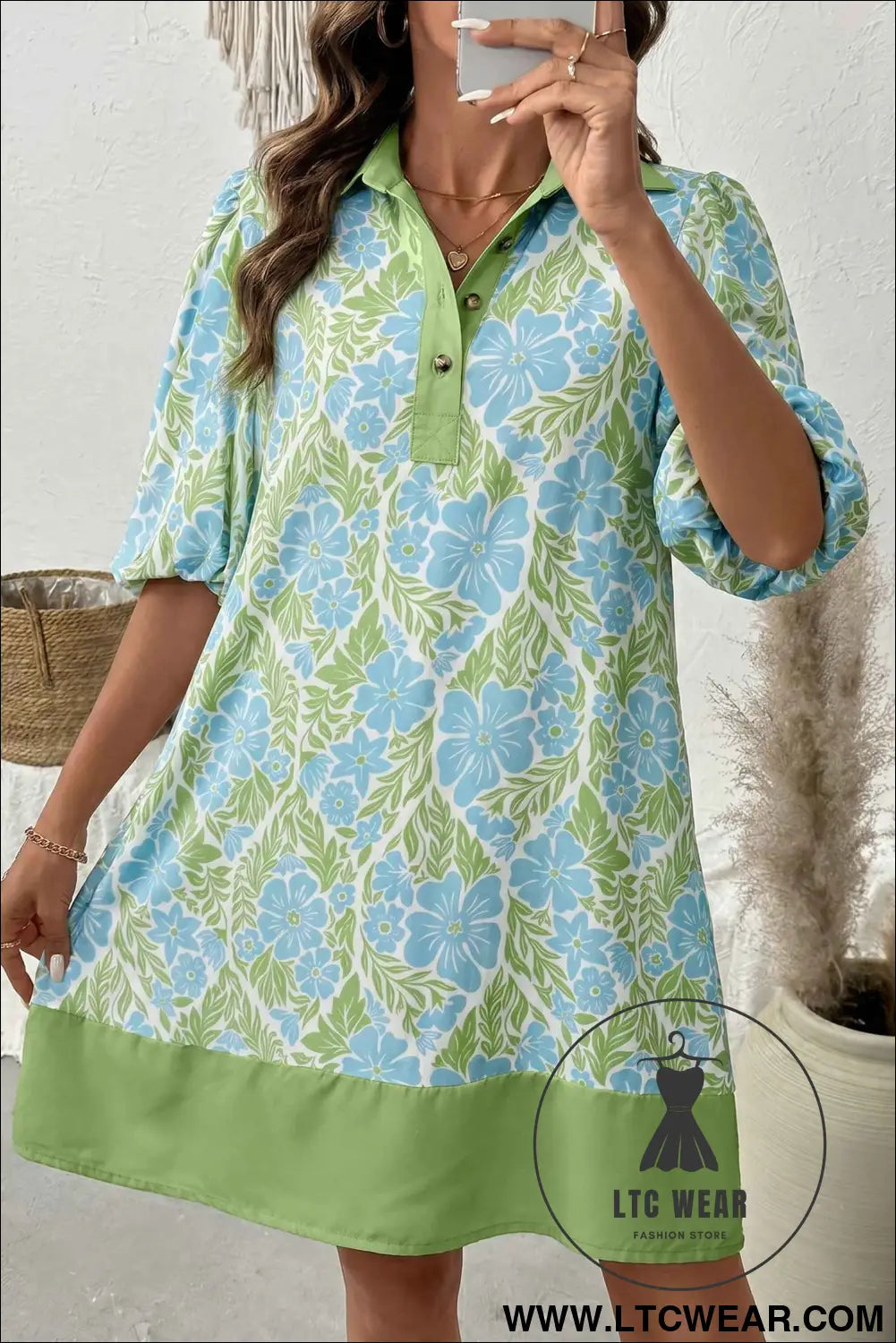 Sky Blue Floral Print Color Block Patchwork Shirt Collar Half Sleeve Mini Dress