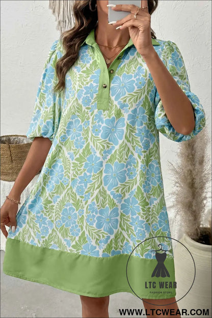 Sky Blue Floral Print Color Block Patchwork Shirt Collar Half Sleeve Mini Dress
