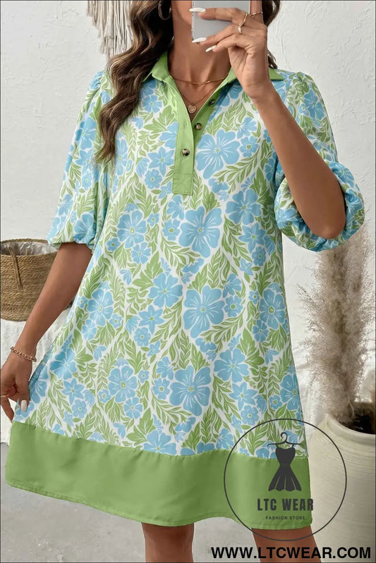 Sky Blue Floral Print Color Block Patchwork Shirt Collar Half Sleeve Mini Dress