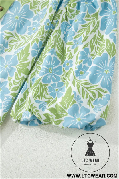 Sky Blue Floral Print Color Block Patchwork Shirt Collar Half Sleeve Mini Dress - L.T.C Wear Online Fashion Store