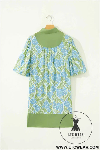 Sky Blue Floral Print Color Block Patchwork Shirt Collar Half Sleeve Mini Dress