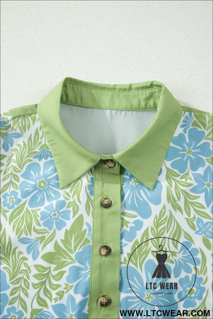 Sky Blue Floral Print Color Block Patchwork Shirt Collar Half Sleeve Mini Dress - L.T.C Wear Online Fashion Store