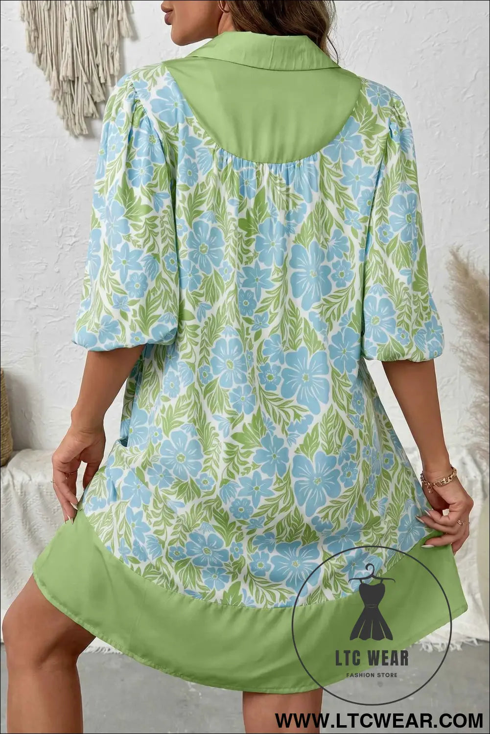 Sky Blue Floral Print Color Block Patchwork Shirt Collar Half Sleeve Mini Dress