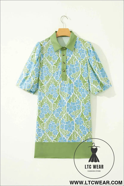Sky Blue Floral Print Color Block Patchwork Shirt Collar Half Sleeve Mini Dress