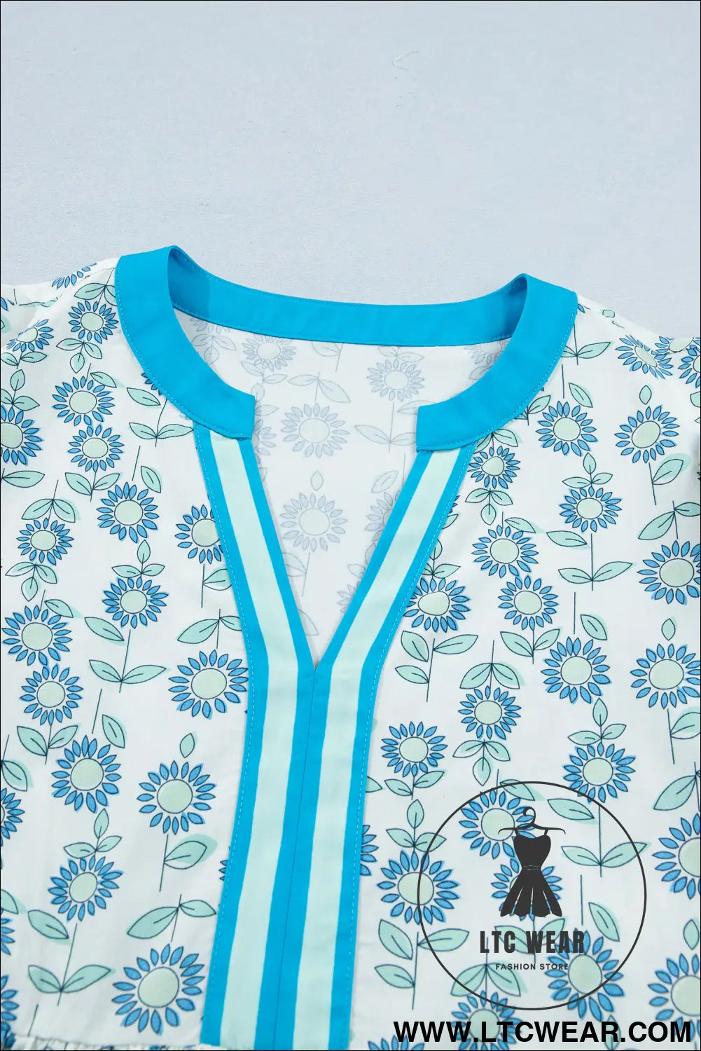 Sky blue floral print contrast trim flutter sleeve mini dress - floral dresses