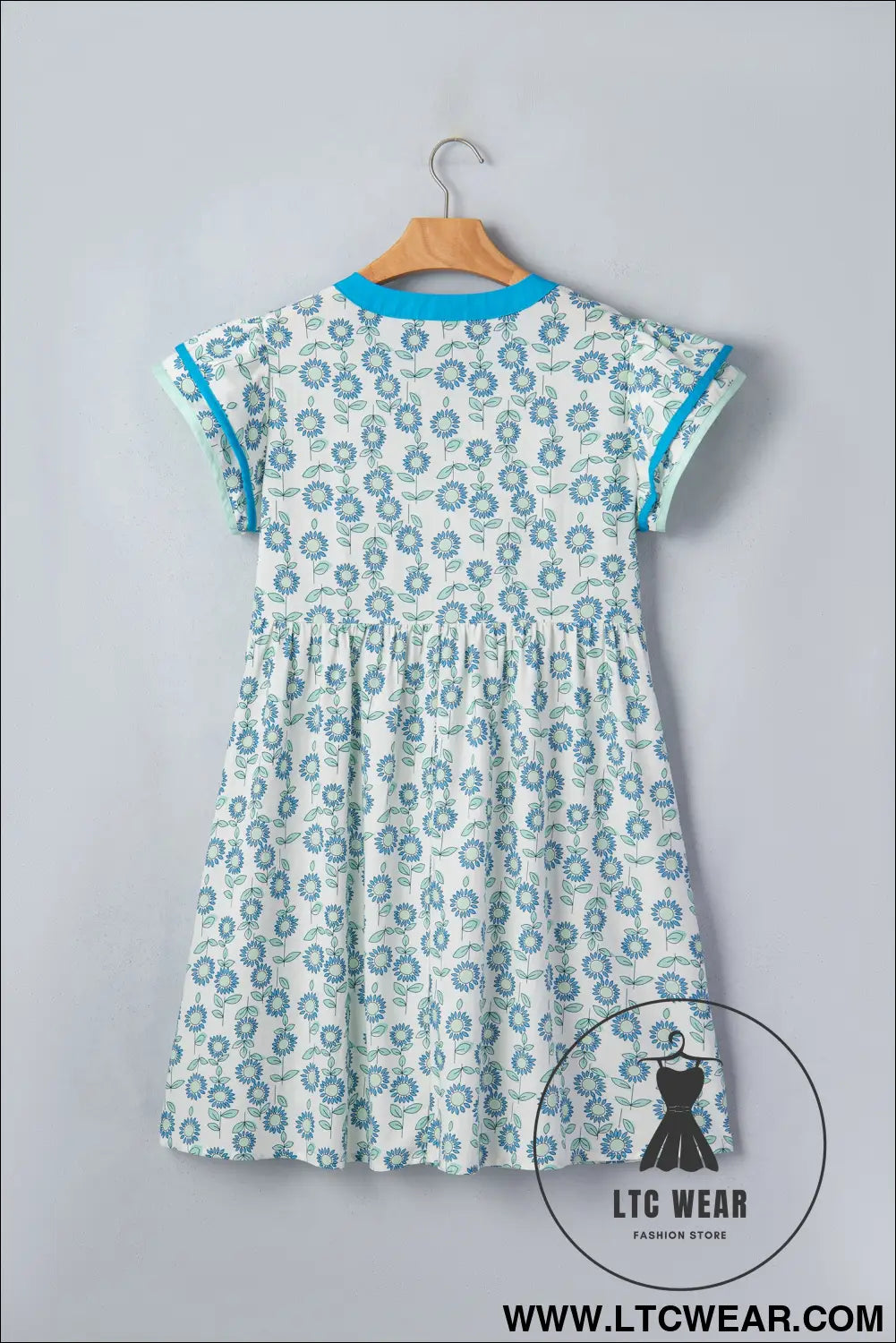 Sky blue floral print contrast trim flutter sleeve mini dress - floral dresses