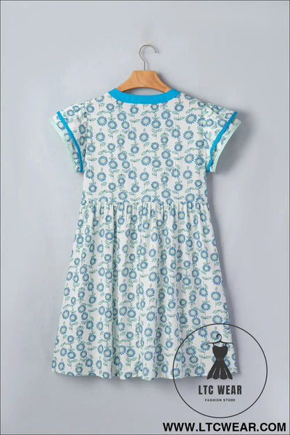Sky blue floral print contrast trim flutter sleeve mini dress - floral dresses