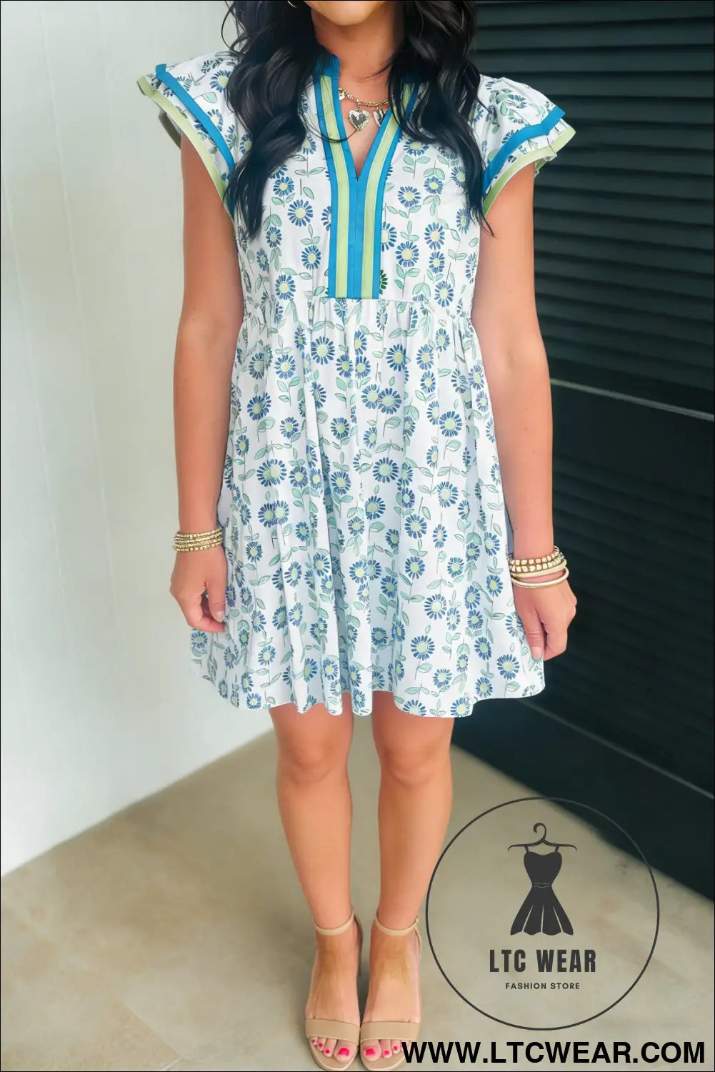 Sky blue floral print contrast trim flutter sleeve mini dress - floral dresses