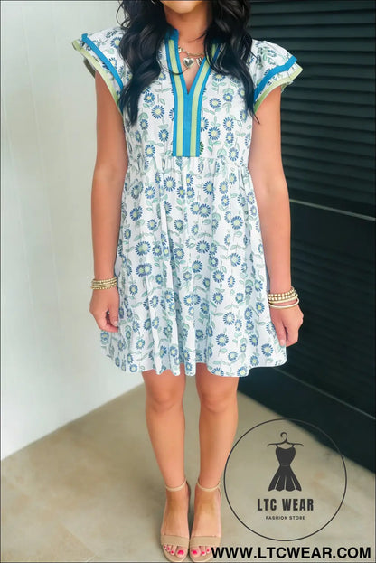 Sky blue floral print contrast trim flutter sleeve mini dress - floral dresses