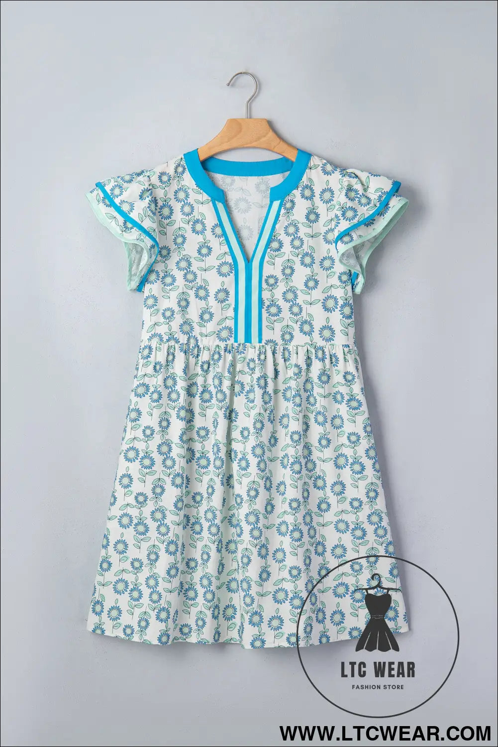 Sky blue floral print contrast trim flutter sleeve mini dress - floral dresses