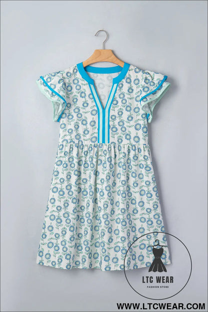 Sky blue floral print contrast trim flutter sleeve mini dress - floral dresses