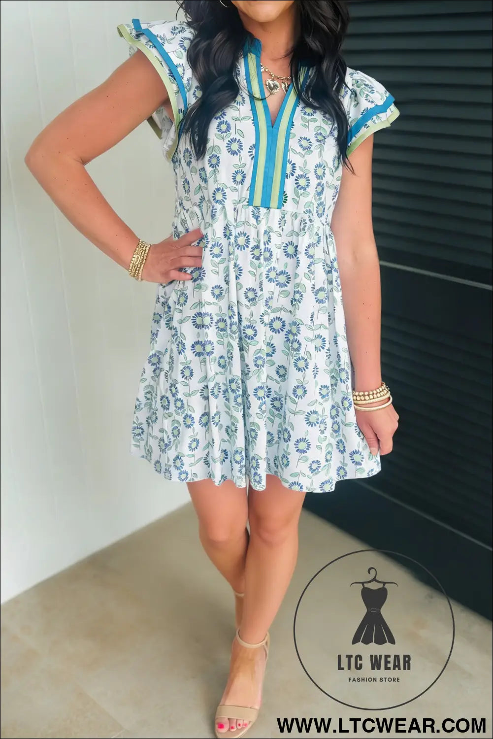 Sky blue floral print contrast trim flutter sleeve mini dress - sky blue / l / 55% cotton + 45% viscose - floral dresses