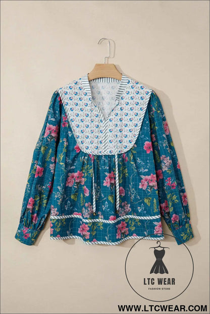 Sky Blue Floral Print Contrast Yoke Patchwork Striped Trim Long Puff Sleeve Blouse