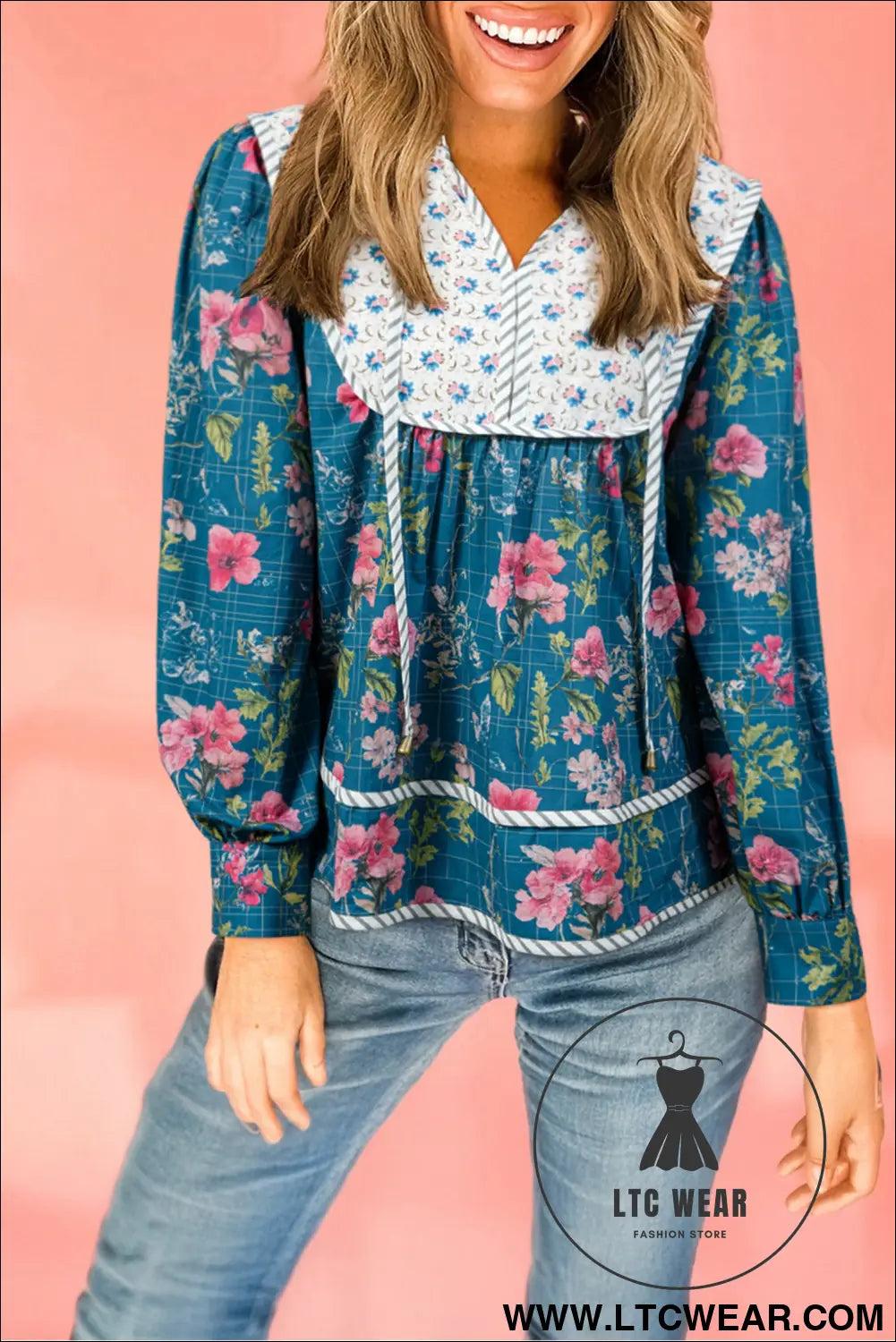 Sky Blue Floral Print Contrast Yoke Patchwork Striped Trim Long Puff Sleeve Blouse - L.T.C Wear Online Fashion Store
