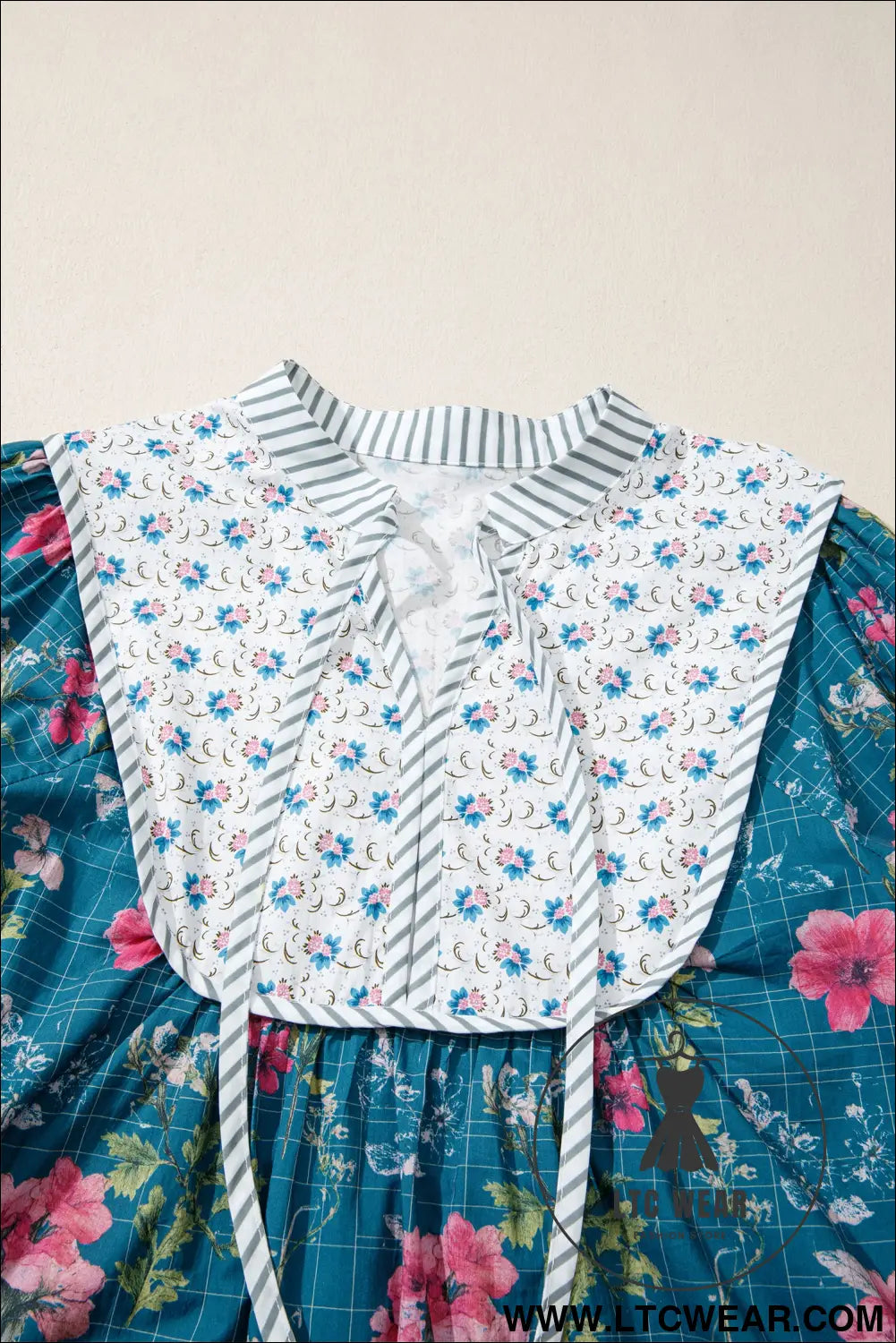 Sky Blue Floral Print Contrast Yoke Patchwork Striped Trim Long Puff Sleeve Blouse - L.T.C Wear Online Fashion Store