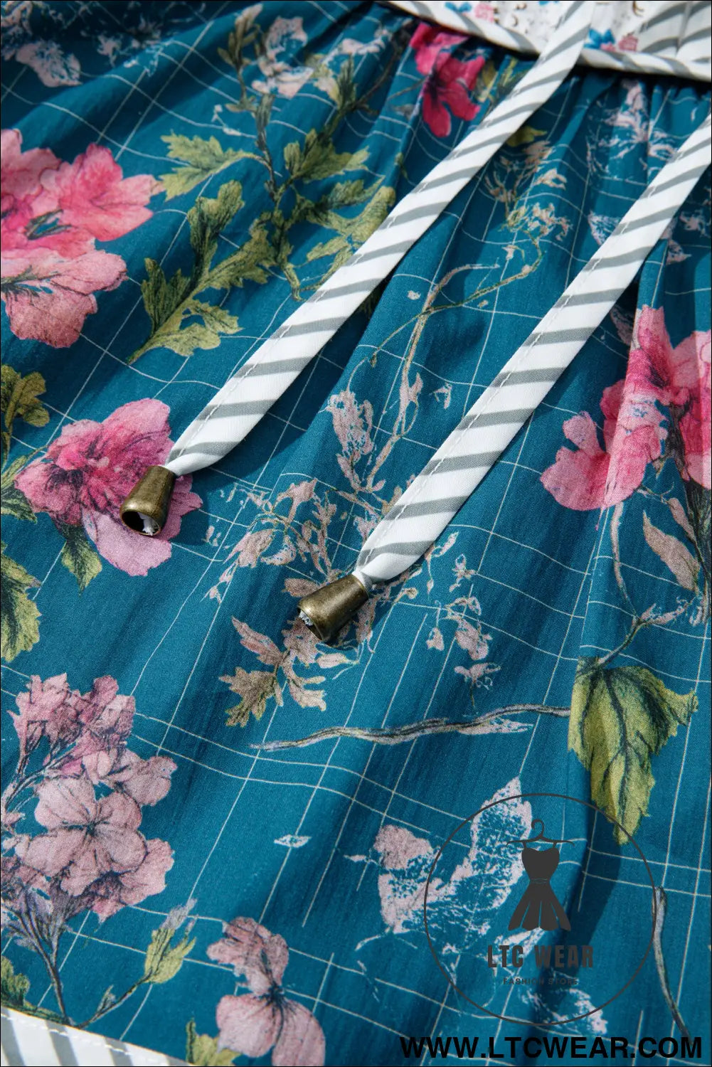 Sky Blue Floral Print Contrast Yoke Patchwork Striped Trim Long Puff Sleeve Blouse - L.T.C Wear Online Fashion Store