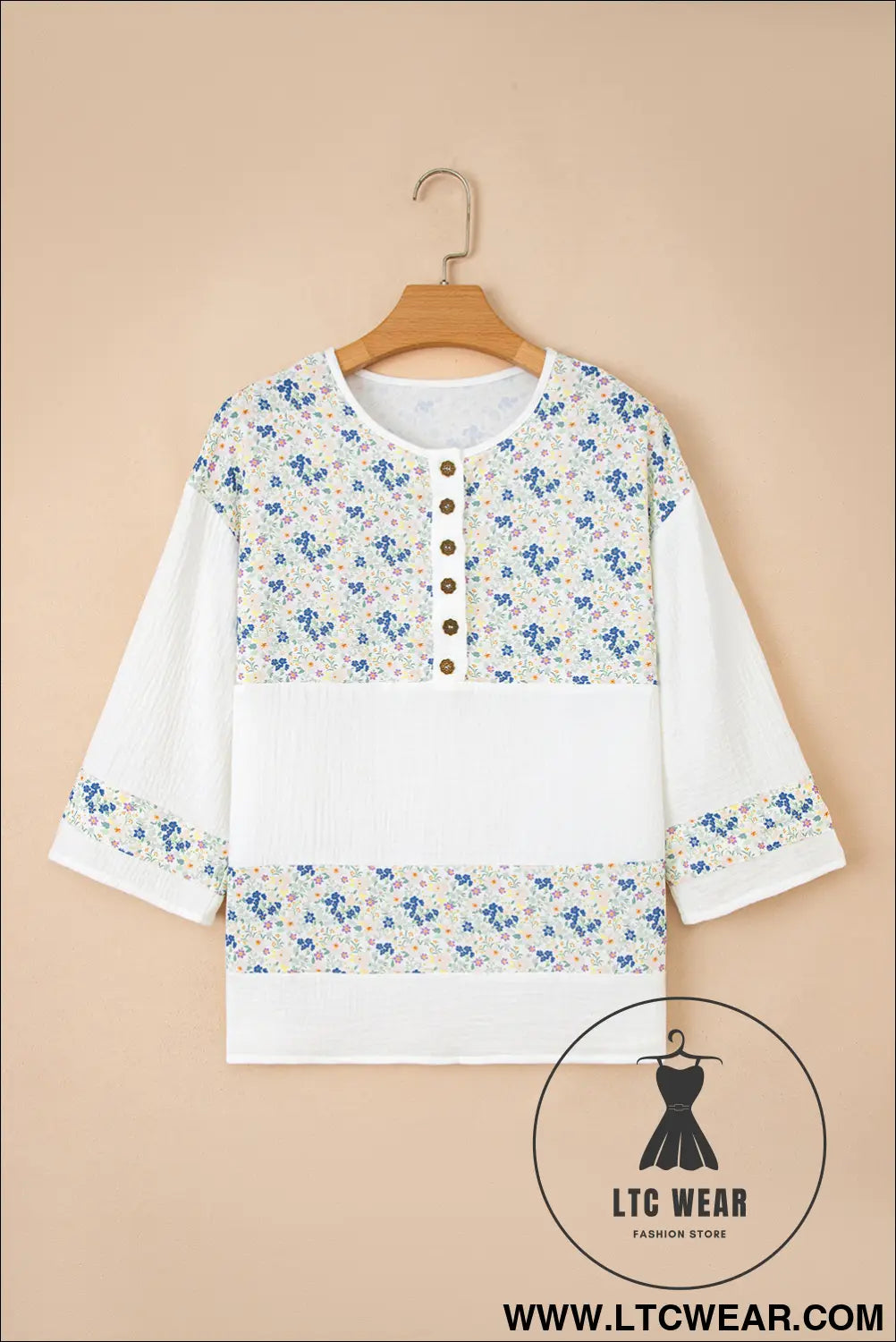 Sky blue floral print crinkle patchwork henley blouse - blouses & shirts