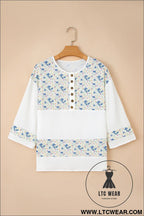 Sky blue floral print crinkle patchwork henley blouse - blouses & shirts