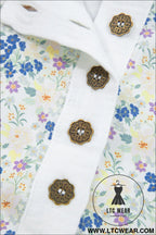 Sky blue floral print crinkle patchwork henley blouse - blouses & shirts