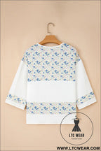 Sky blue floral print crinkle patchwork henley blouse - blouses & shirts