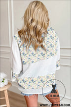 Sky blue floral print crinkle patchwork henley blouse - blouses & shirts