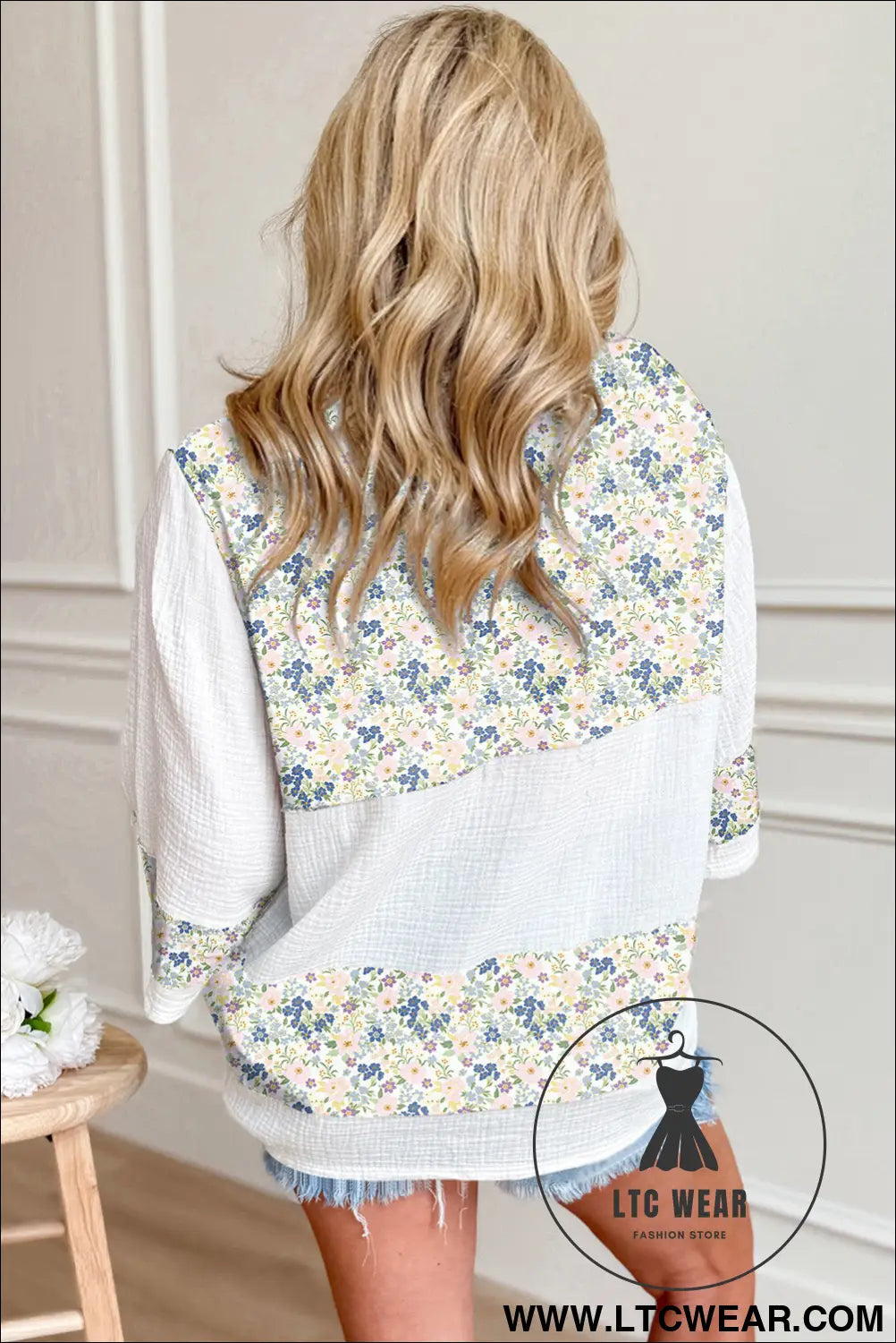 Sky blue floral print crinkle patchwork henley blouse - blouses & shirts