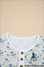 Sky blue floral print crinkle patchwork henley blouse - blouses & shirts