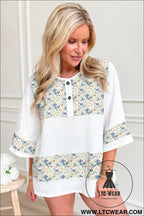 Sky blue floral print crinkle patchwork henley blouse - blouses & shirts