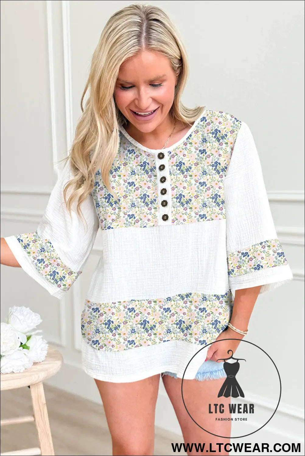 Sky blue floral print crinkle patchwork henley blouse - blouses & shirts