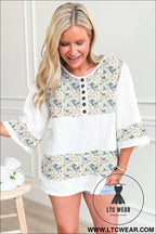 Sky blue floral print crinkle patchwork henley blouse - blouses & shirts