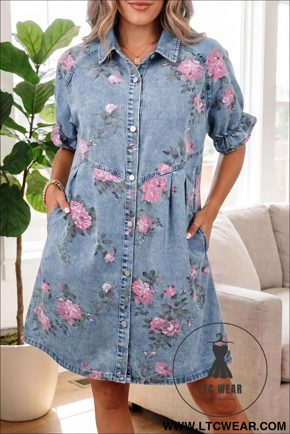 Sky Blue Floral Print Denim Short Sleeve Button Down Dress