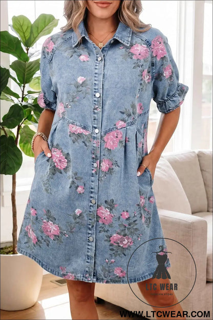 Sky Blue Floral Print Denim Short Sleeve Button Down Dress