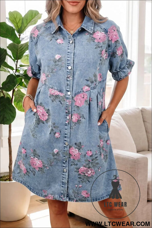 Sky Blue Floral Print Denim Short Sleeve Button Down Dress