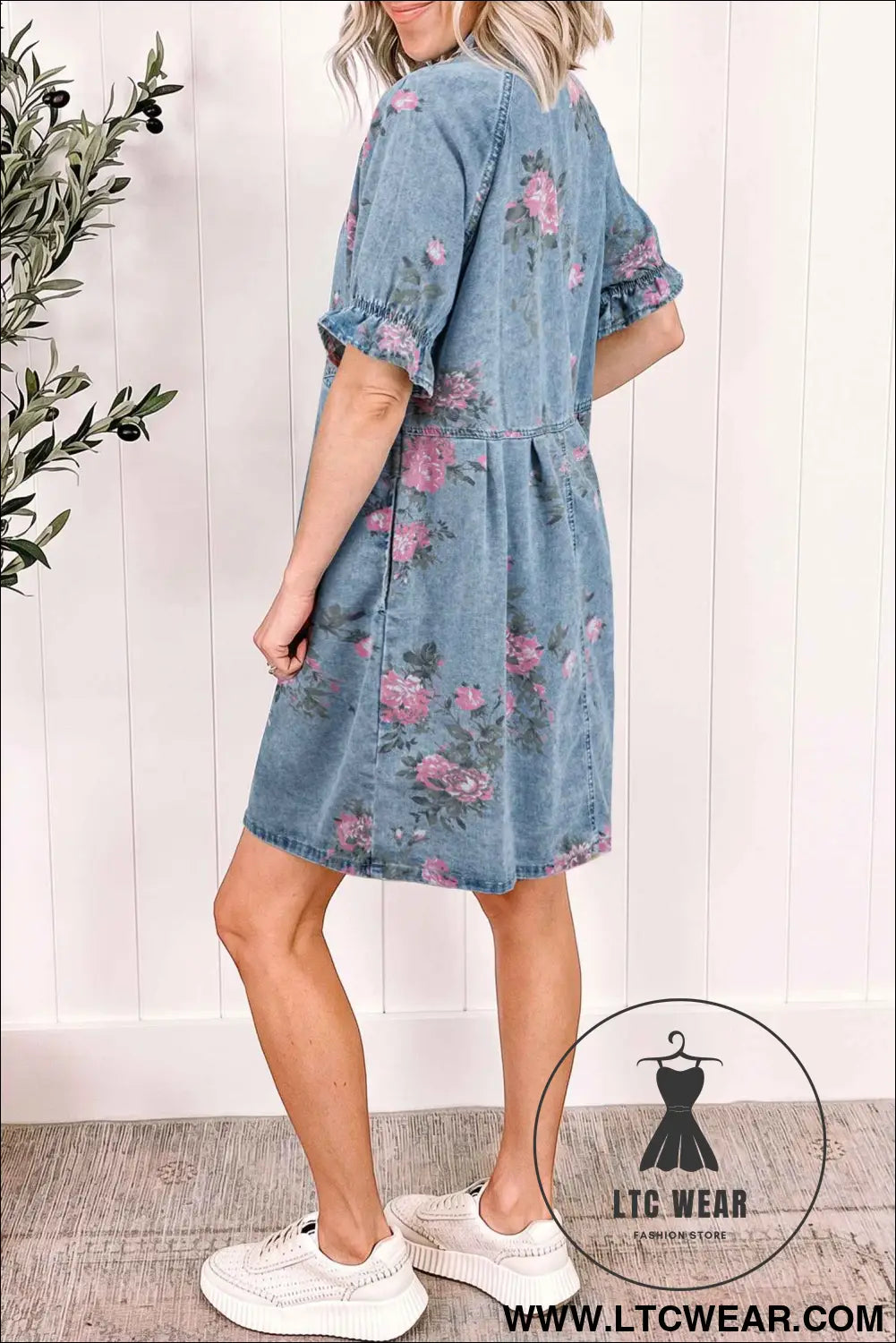 Sky Blue Floral Print Denim Short Sleeve Button Down Dress