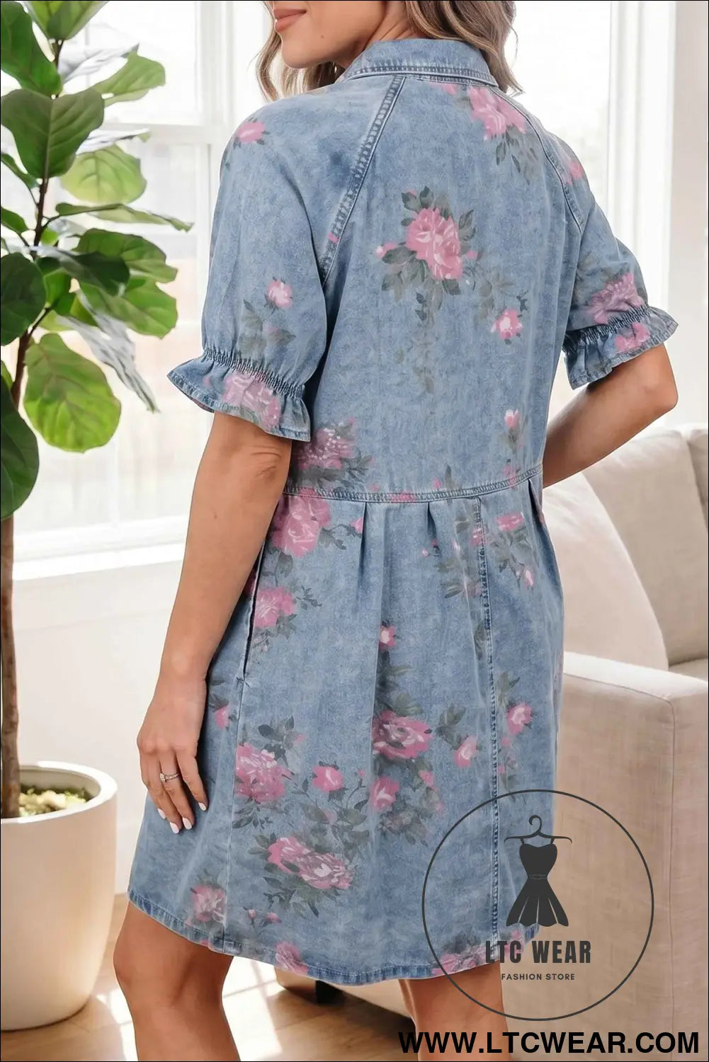 Sky Blue Floral Print Denim Short Sleeve Button Down Dress