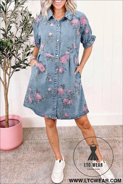 Sky Blue Floral Print Denim Short Sleeve Button Down Dress