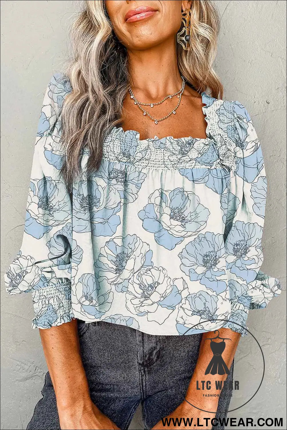 Sky Blue Floral Print Frilly Smocked Square Neck Long Sleeve Blouse