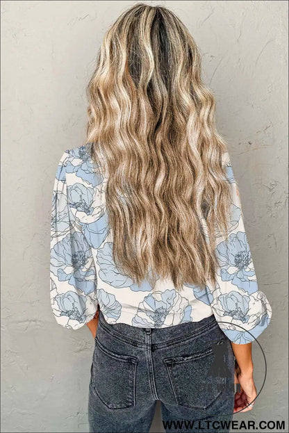 Sky Blue Floral Print Frilly Smocked Square Neck Long Sleeve Blouse